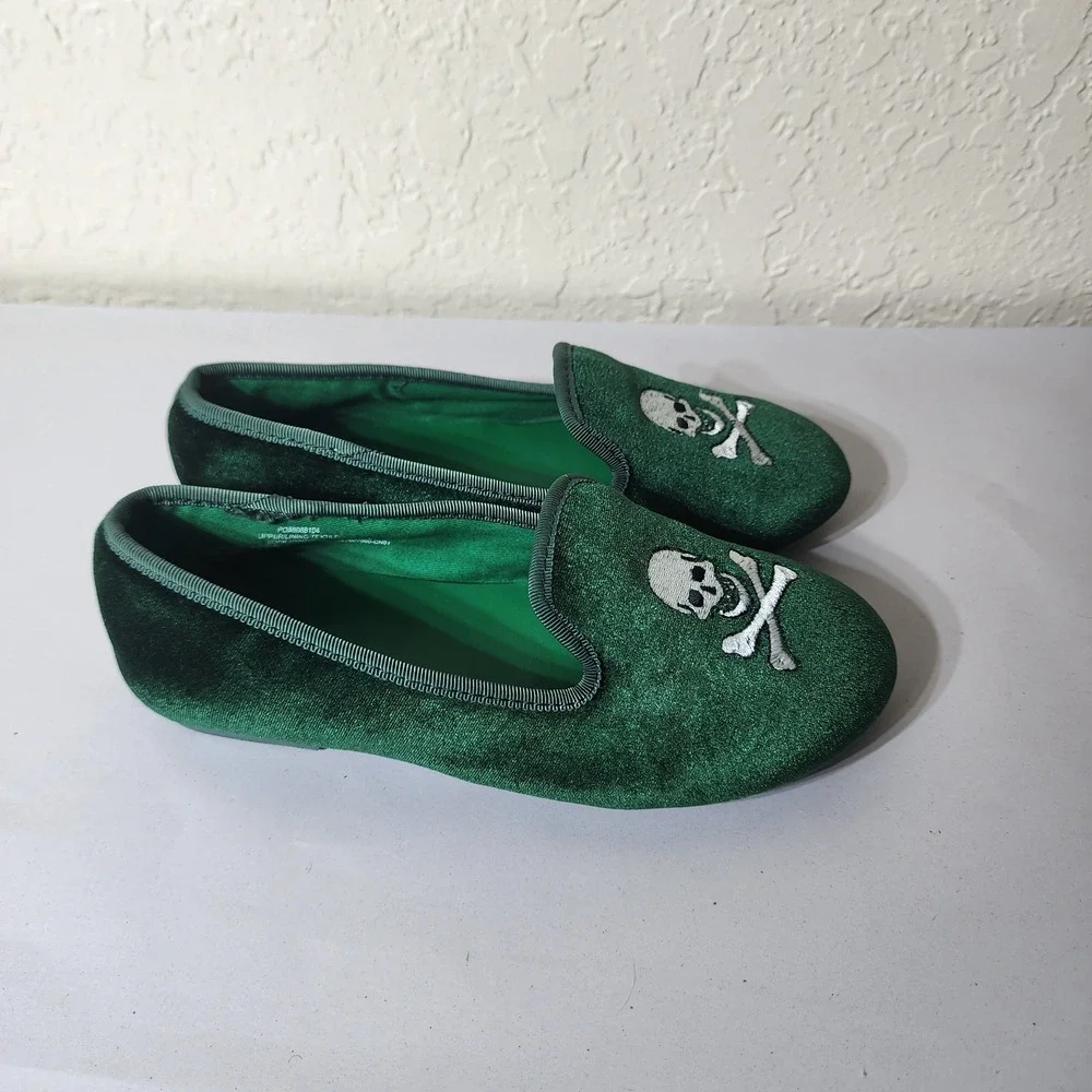 Crewcuts Kids Green Velvet Skull‎ Crossbones Smoking Loafers Flats PO58088104